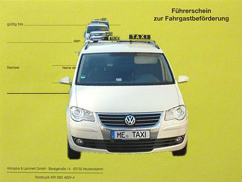 Bild vergrößern: Taxi mit Ortskrzel "ME" und der berschrift: "Fhrerschein zur Fahrgastbefrderung".
