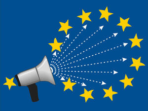 Bild vergrößern: Aus einem Lautsprecher ertönt symbolisch dargestellt das Logo der europäischen Union.