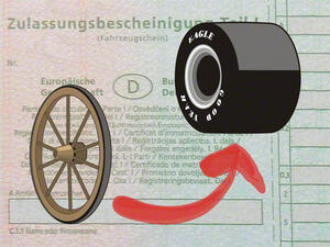 Bild vergrößern: Ein roter Pfeil weist von einem schmalen auf einen breiten Reifen hin. Im Hintergrund ein Ausschnitt aus der Zulassungsbescheinigung Teil 1.