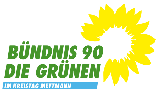 Bild vergrößern: Ein grner Schriftzug "Bndnis 90 die Grnen" mit einer gelben Silhouette in Form einer Sonnenblume.