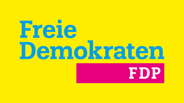 Bild vergrößern: Blauer Schriftzug "Freie Demokraten" auf gelben Hintergrund.