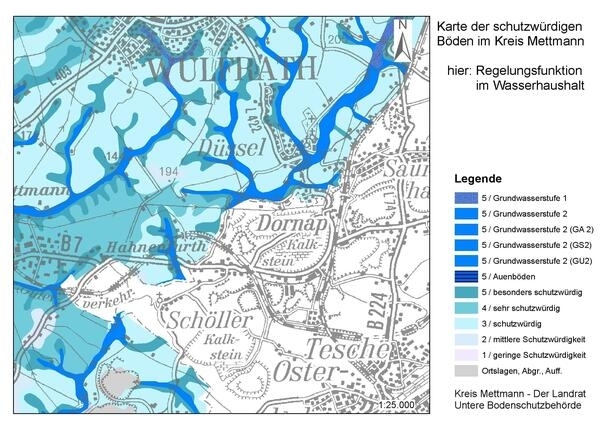 Bild vergrößern: Auszug aus der Bodenfunktionskarte des Kreis Mettmann im Bereich Wlfrath mit farblichen blauen Markierungen.