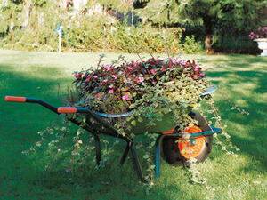 Bild vergrößern: Schubkarre befüllt mit Zweigen und Blumen auf einer Wiese.