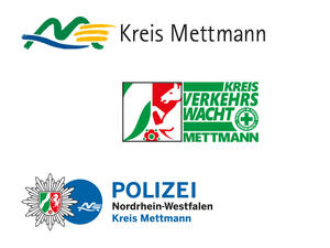Bild vergrößern: Logo des Kreis Mettmann, der Verkehrswacht Mettmann und der Polizei Nordrhein Westfalen Kreis Mettmann.