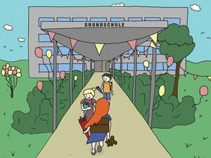 Bild vergrößern: Kinder mit Schultüte gehen in eine Grundschule.