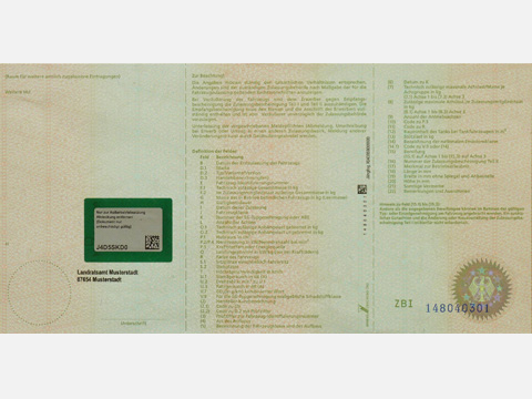 Fahrzeugschein / Zulassungsbescheinigung1 (Rückseite)