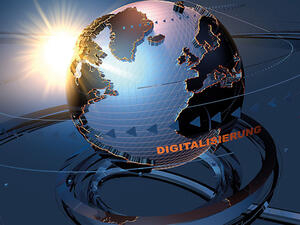 Bild vergrößern: Eine Erdkugel wird umkreist von dem Wort "Digitalisierung".