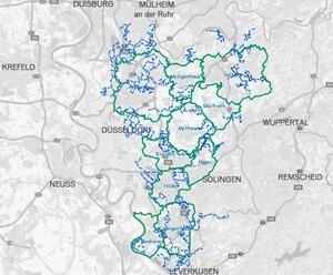 Bild vergrößern: Auf einer Karte des Kreises Mettmann sind die Reitwege in grün und blau markiert.