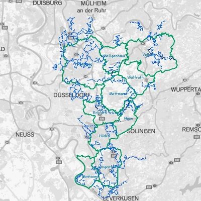 Bild vergrößern: Auf einer Karte des Kreises Mettmann sind die Reitwege in grn und blau markiert.