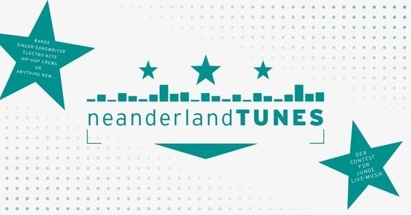 Bild vergrößern: Links und rechts der Logoaufschrift: "Neanderland Tunes" zwei Sterne. Linker Stern: "Bands, Singer-Songwriter, Electro-Acts, Hip-Hop Crews or anything new...". Rechter Stern: "Der Contest fr junge Live-Musik".