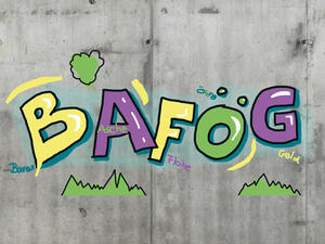 Bild vergrößern: Buntes Graffiti des Schriftzuges: "BAFÖG".