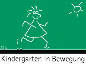 Bild vergrößern: Eine rennende Zeichenfigur, darunter die Aufschrift "Kindergarten in Bewegung".