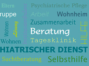 Bild vergrößern: Schlagworte zu psychosozialen und Suchtproblemen auf blauen Hintergrund.