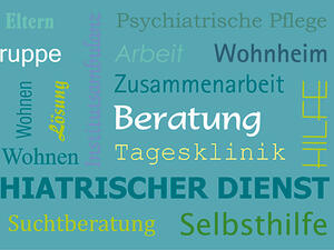Bild vergrößern: Schlagworte zu psychosozialen und Suchtproblemen auf blauen Hintergrund.