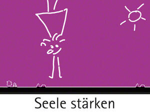 Bild vergrößern: Eine Zeichenfigur baumelt kopfüber mit ausgestreckten Armen voran, darunter der Schriftzug "Seele stärken".