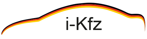 Bild vergrößern: Der Schriftzug: "i-KFZ" wird berdacht von einem Streifen in Form eines Autodaches in den Farben der Bundesrepublik Deutschland.