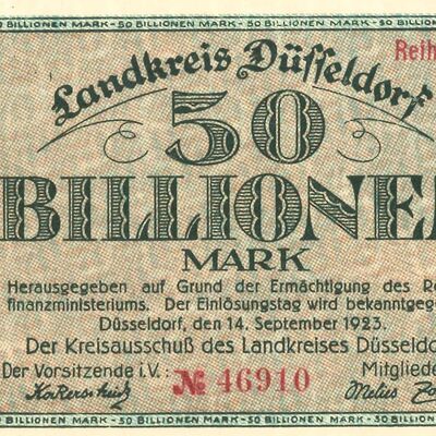 Bild vergrößern: Ein 50 Billionen Mark Schein ausgestellt aus dem Landkreis Düsseldorf.
