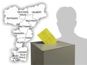 Bild vergrößern: Ein Stimmzettel steckt im Schlitz einer Wahlurne. Im Hintergrund befindet sich der Umriss des Kreises Mettmann und einer Person.