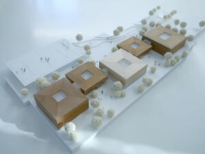 Bild vergrößern: Architekturmodell der Gebäude und des Außengeländes des Campus Sandheide.
