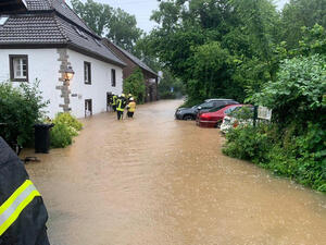 Eine Gruppe von Feuerwehrleuten steht bis zum Knie in den Fluten vor einem vom Hochwasser betroffenen Haus.