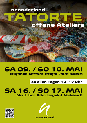 Bild vergr&ouml;&szlig;ern: Plakat zu den neanderland Tatorten 2026. Im Hintergrund des Titels "Offene Atelies" ist eine oft genutzte, h&ouml;lzerne, vielfarbige Maler-Pallette  zu sehen, an der ein Spatel und eine rote Farbtube lehnen. Unterhalb des Bildes sind die Veranstaltungsdaten genannt.