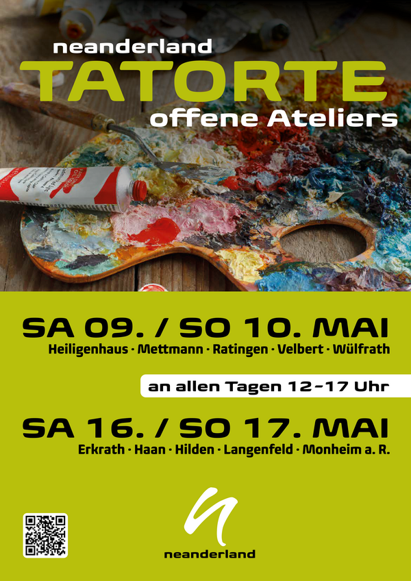 Bild vergr&ouml;&szlig;ern: Plakat zu den neanderland Tatorten 2026. Im Hintergrund des Titels "Offene Atelies" ist eine oft genutzte, h�lzerne, vielfarbige Maler-Pallette  zu sehen, an der ein Spatel und eine rote Farbtube lehnen. Unterhalb des Bildes sind die Veranstaltungsdaten genannt.