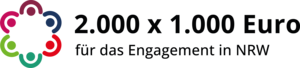 Mehrfarbiges Symbol in Blumenform und dem Schriftzug "2000x1000 Euro f&uuml;r das Engagement in NRW".