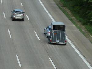 Bild vergrößern: Auto mit Pferdeanhänger auf einer Autobahn.