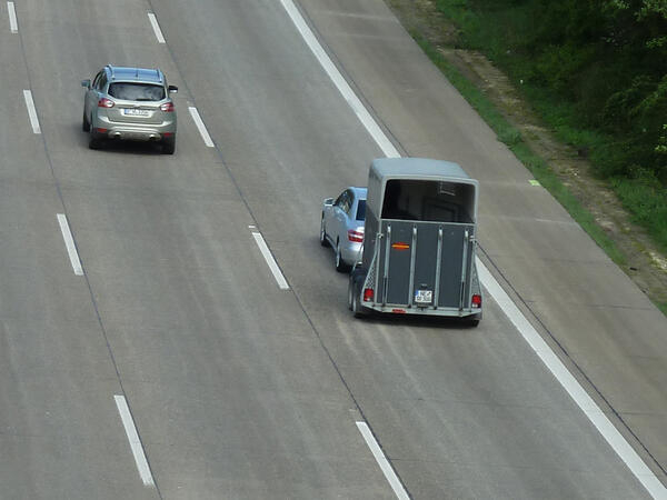 Bild vergrößern: Auto mit Pferdeanhnger auf einer Autobahn.