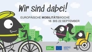 Bild vergrößern: Comicfiguren auf Fahrrad, zu Fuß und im Rollstuhl vor Stadtkulisse mit Text zur Mobilitätswoche.