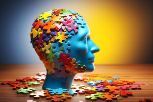 Bild vergrößern: Puzzle, das das Konzept der kognitiven Psychologie oder Psychotherapie darstellt. Bunte Puzzleteile sind auf einen künstlichen Kopf geklebt.