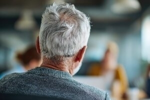 Grauhariger Mann von hinten in Besprechung mit unscharfen Personen im Hintergrund.