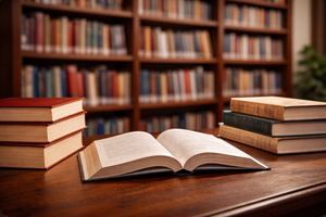 Bild vergr&ouml;&szlig;ern: Offenes Buch auf Tisch, umgeben von B&uuml;cherstapeln in Bibliothek.