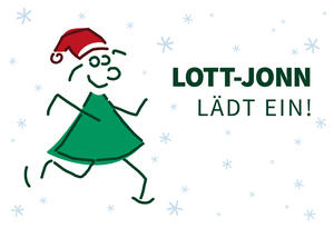 Bild vergrößern: Strichzeichnung einer Weihnachtsfigur mit nebenstehendem Text "Lott-Jonn lädt ein".