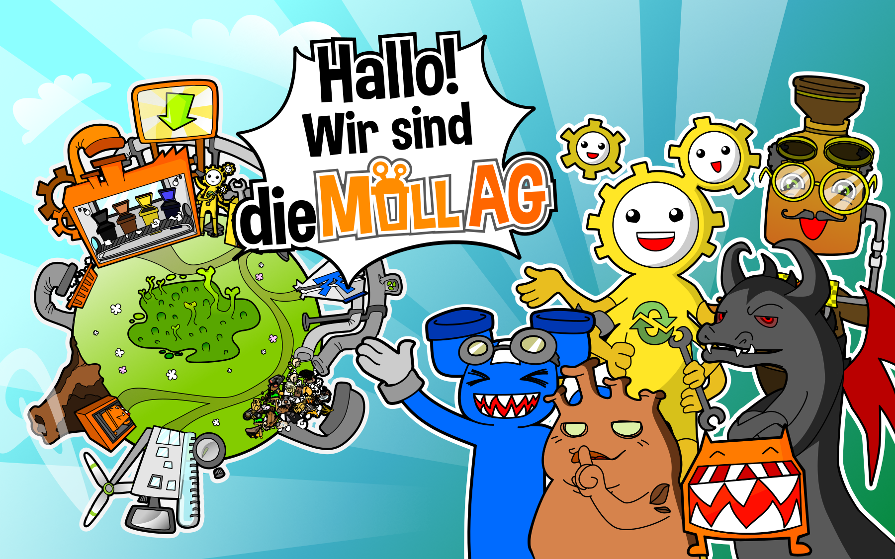 Bild vergrößern: Titelbild des Spiels "Die Müll-AG", mit der Aufschrift "Hallo! Wir sind die Müll AG"