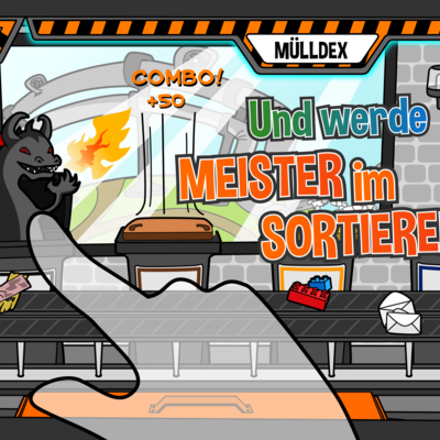 Bild vergrößern: Screenshot des Spiels "Die Müll-AG", mit der Aufschrift "Und werde Meister im sortieren"