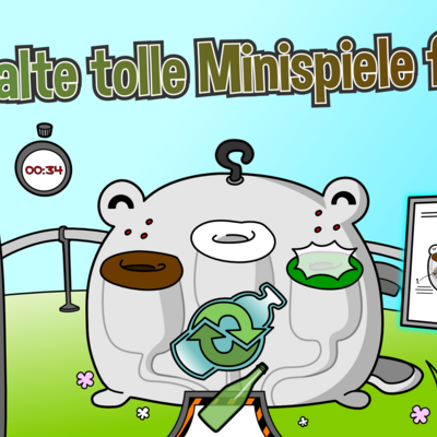 Bild vergrößern: Screenshot des Spiels "Die Müll-AG", mit der Aufschrift "Schalte tolle Minispiele frei!"