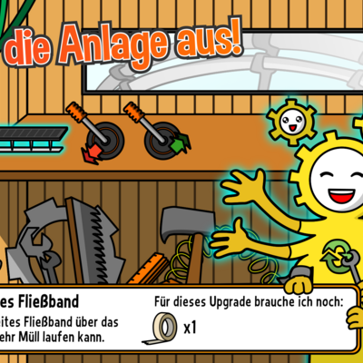 Bild vergrößern: Screenshot des Spiels "Die Müll-AG", mit der Aufschrift "Baue die Anlage aus!"